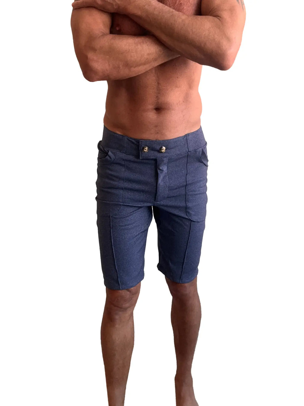 Performance premium urban tactical dress shorts in navy blue heather denim with two front pockets and silver button closures