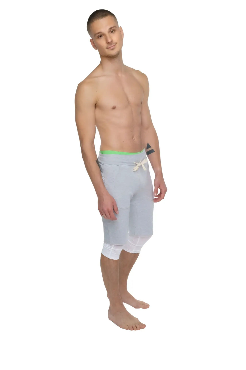 Performance yoga leggings 3/4 arctic white with light gray semi transparent shorts neon green waistband and white drawstring