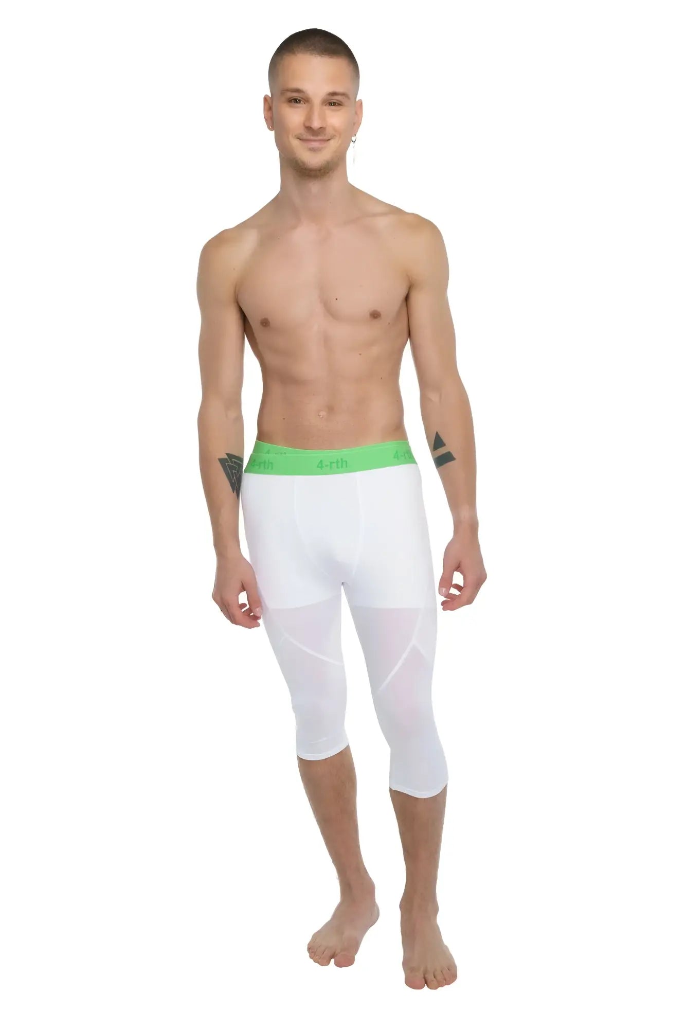 White capri-length performance yoga leggings with bright green elastic waistband designed for active wear