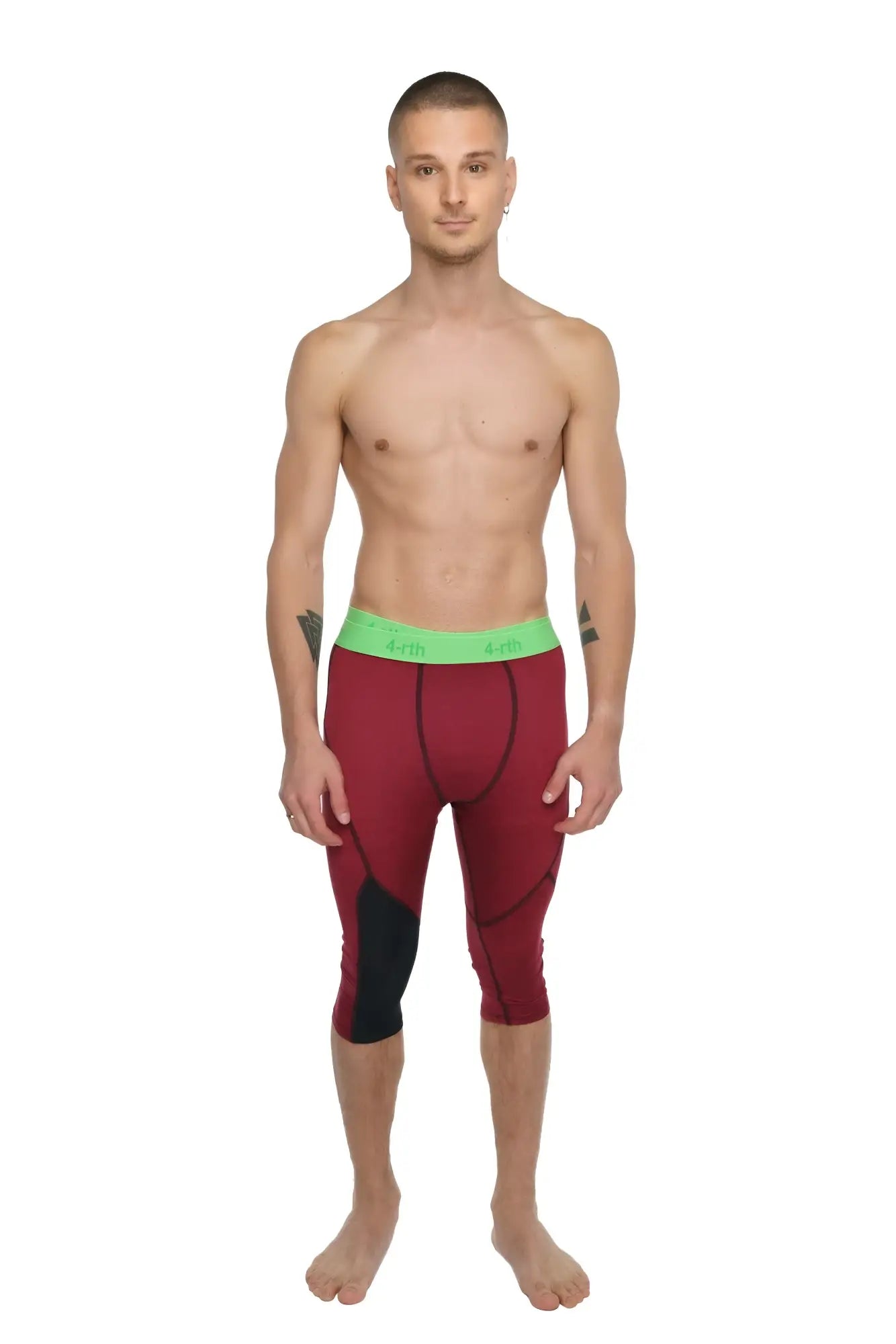 Performance yoga leggings 3/4 in brick red heather with maroon and black fabric and bright green waistband