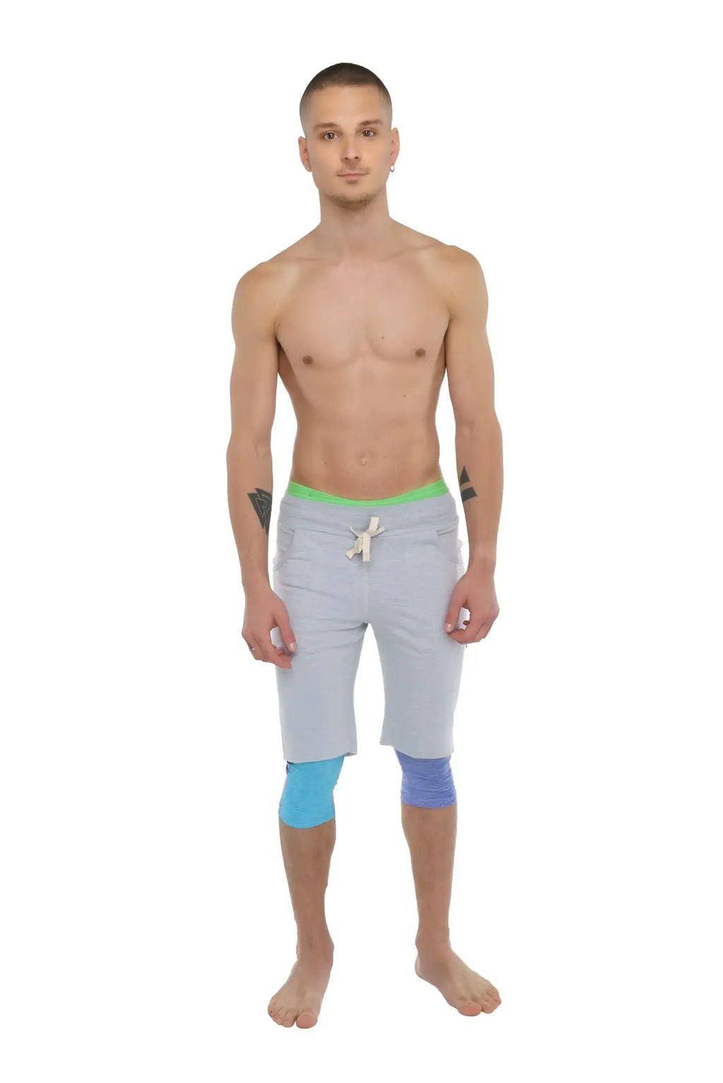 Performance yoga leggings 3/4 lavender heather with light gray shorts green waistband white drawstring and blue knee patches