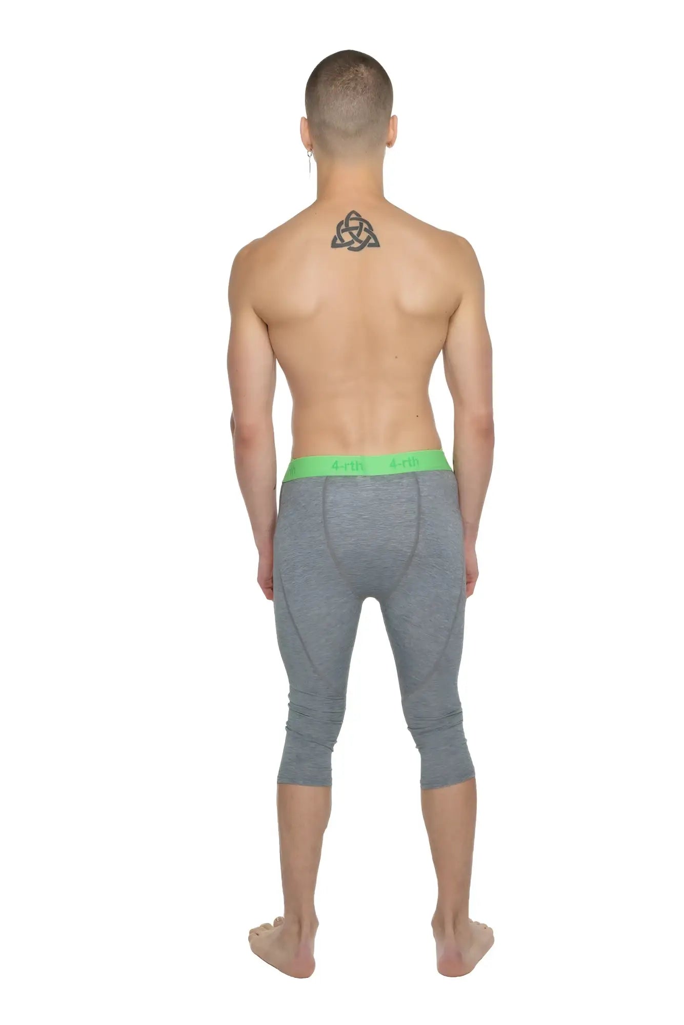 Performance yoga leggings 3/4 length in steel heather gray with bright green waistband and capri fit