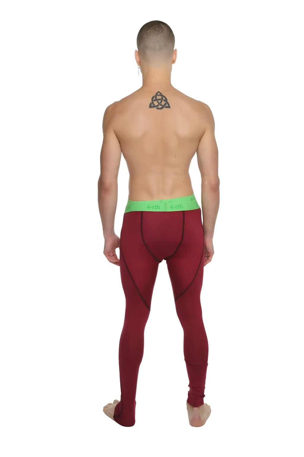 Performance yoga leggings long brick red heather with maroon compression fabric and bright green waistband for support