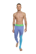 Performance yoga leggings long in blue and turquoise gradient with bright green waistband for athletic wear
