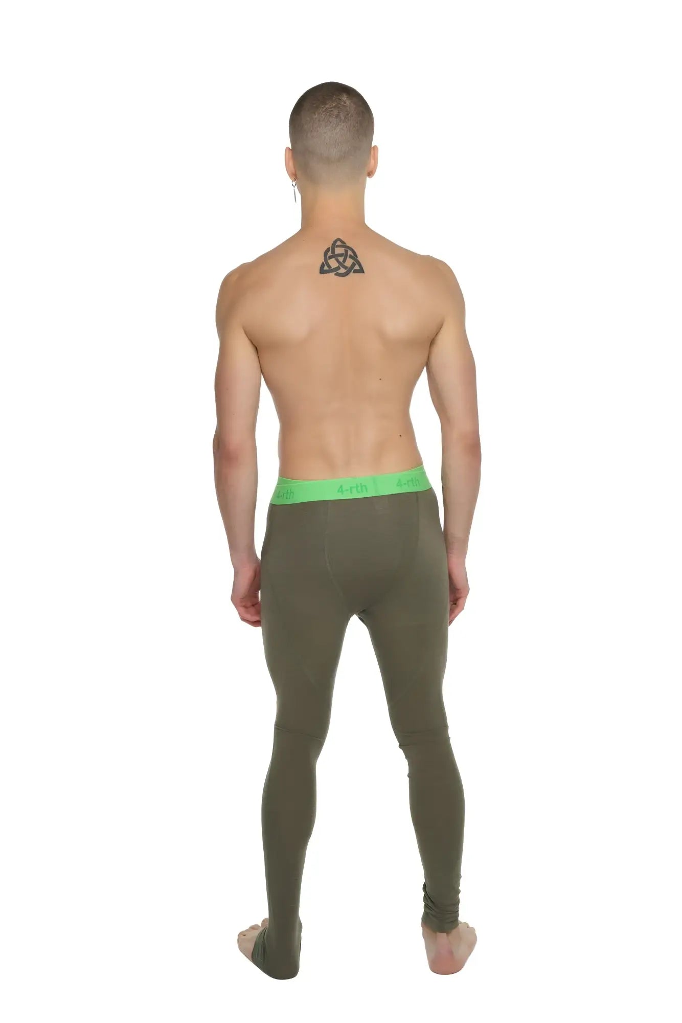 Olive green performance yoga leggings with bright neon green waistband designed for long-lasting comfort and support
