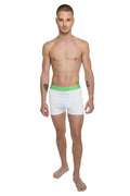 White boxer briefs with bright green elastic waistband designed for performance yoga leggings in arctic white color