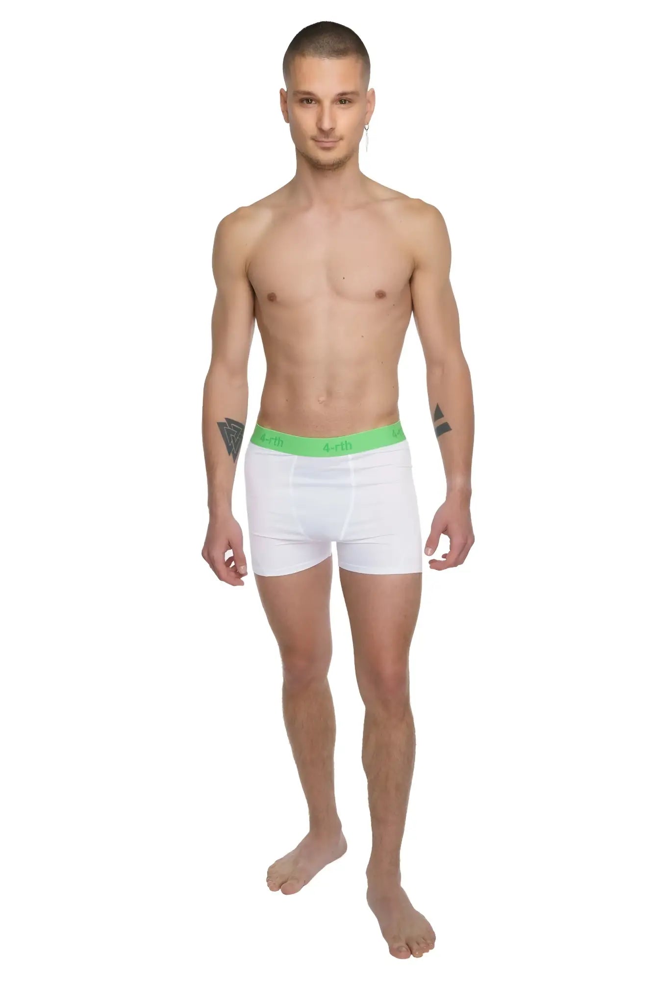 White boxer briefs with bright green elastic waistband designed for performance yoga leggings in arctic white color