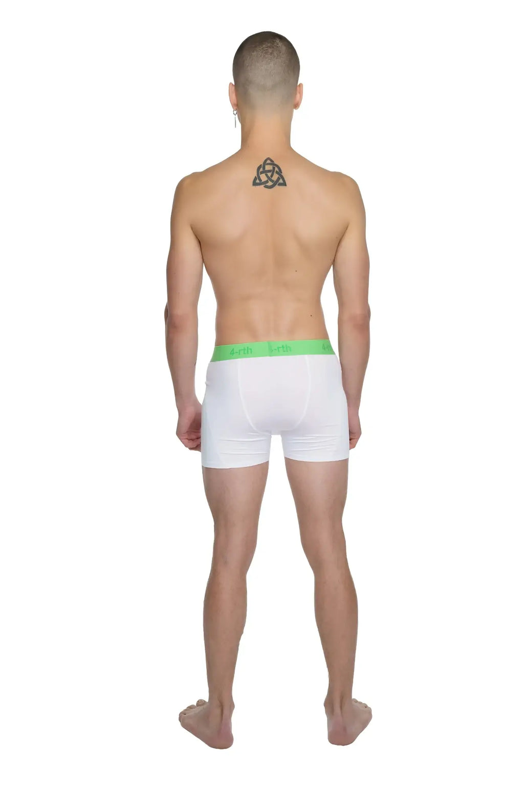 White boxer briefs with a bright green elastic waistband designed for performance yoga in arctic white color