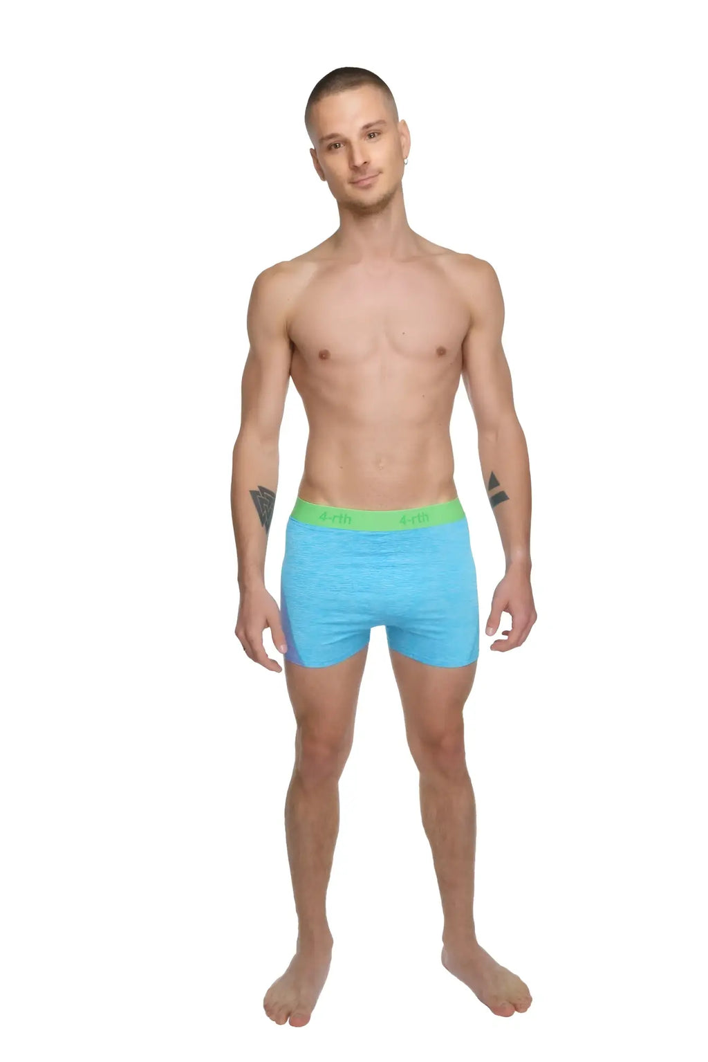 Light blue boxer briefs with bright green elastic waistband shown with performance yoga leggings short coral heather product