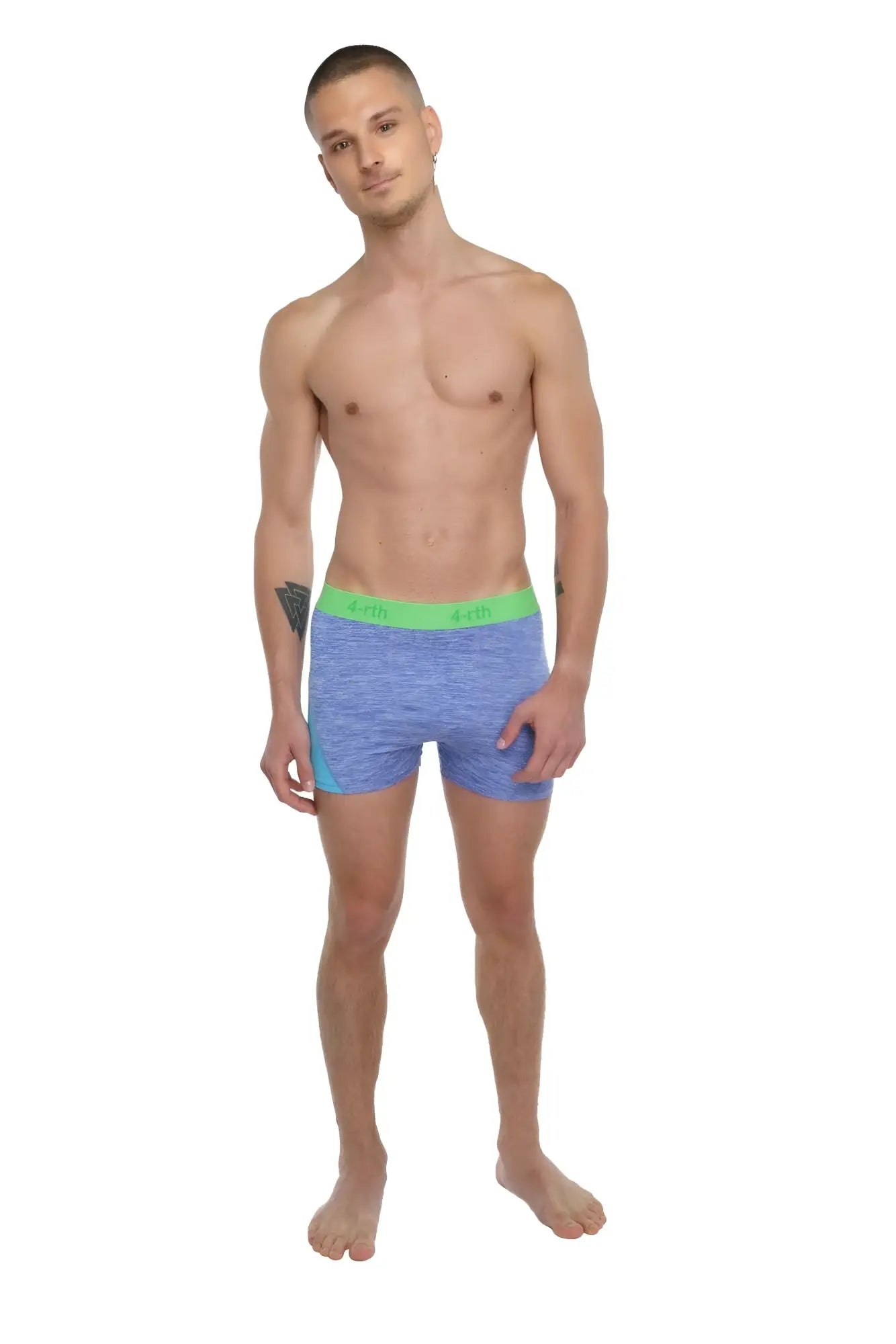 Performance yoga leggings short lavender heather with blue heathered boxer briefs bright green waistband and teal panels