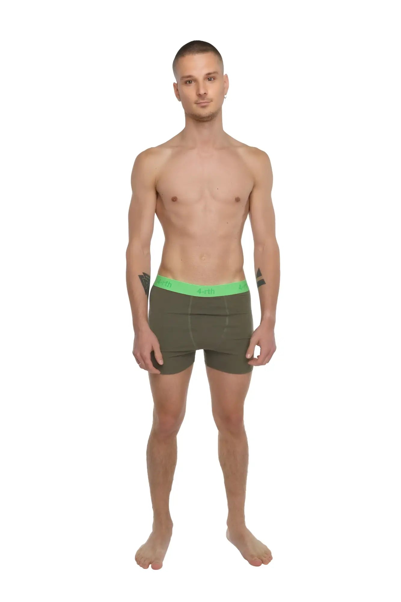 Olive green boxer briefs with bright neon green elastic waistband designed for performance yoga workouts
