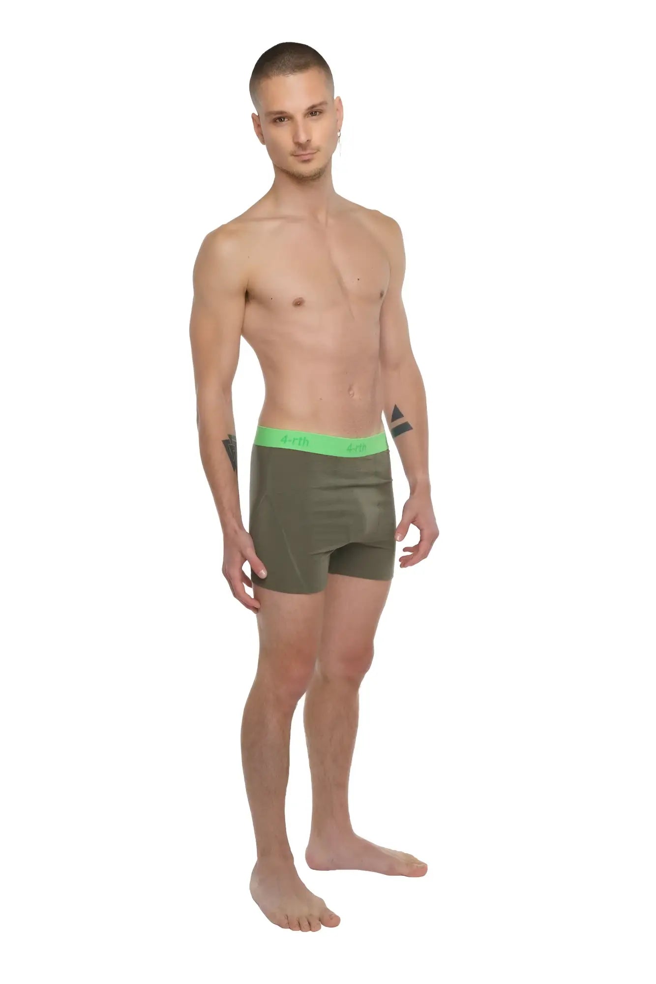Olive green boxer briefs with bright neon green elastic waistband designed for performance and comfort