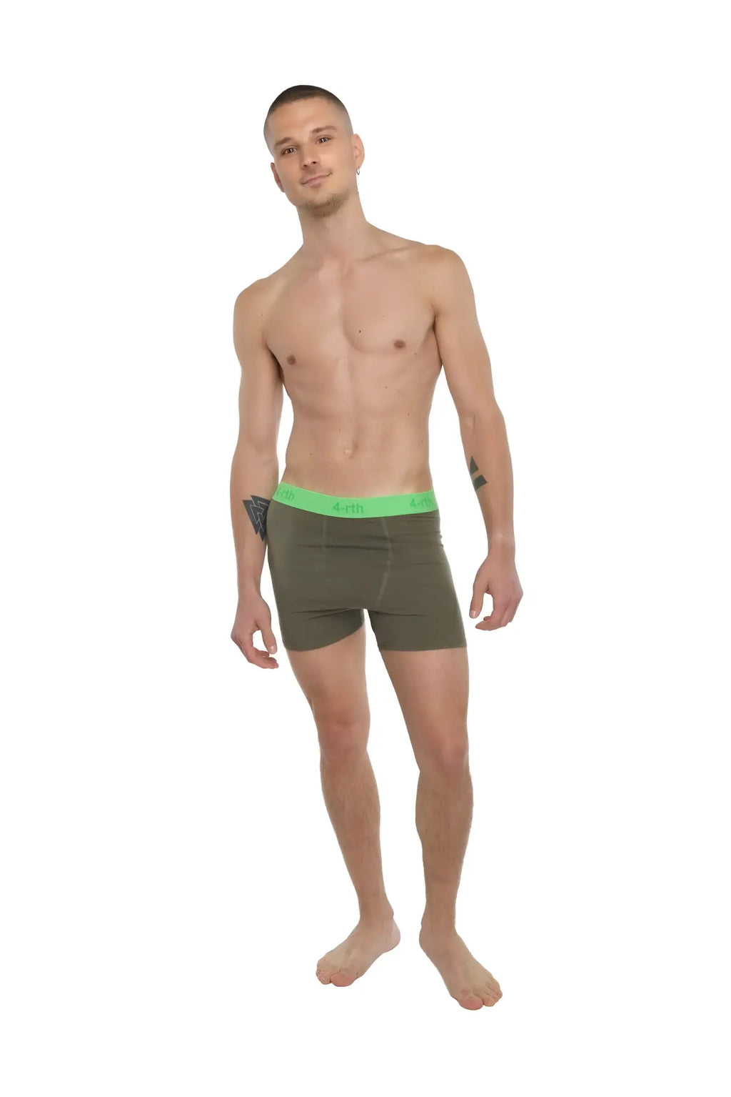 Olive green boxer briefs with bright neon green waistband designed for performance and active wear