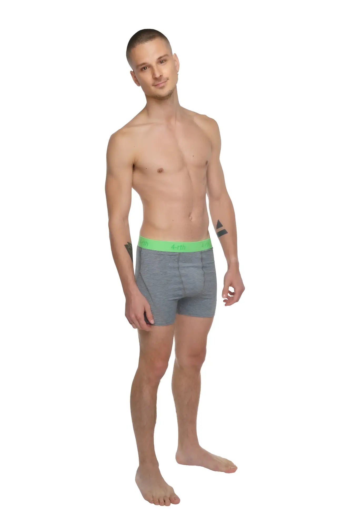 Gray boxer briefs with bright green elastic waistband made from steel heather fabric for performance yoga leggings use