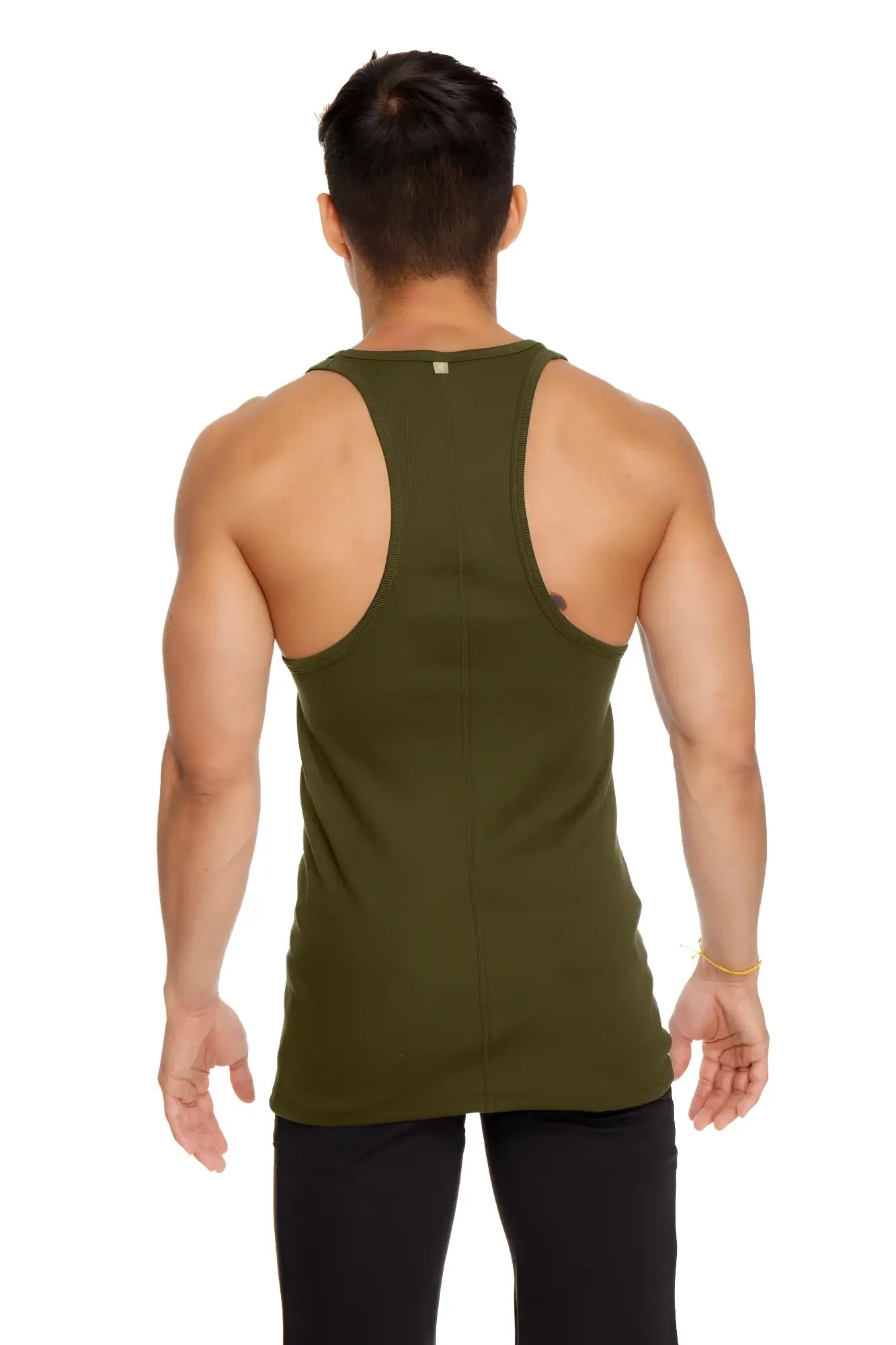 Olive green racer-back yoga tank top featuring breathable fabric and a slim fit for comfortable workout wear