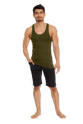 Olive green racer-back yoga tank top made of breathable fabric shown from the back side for activewear
