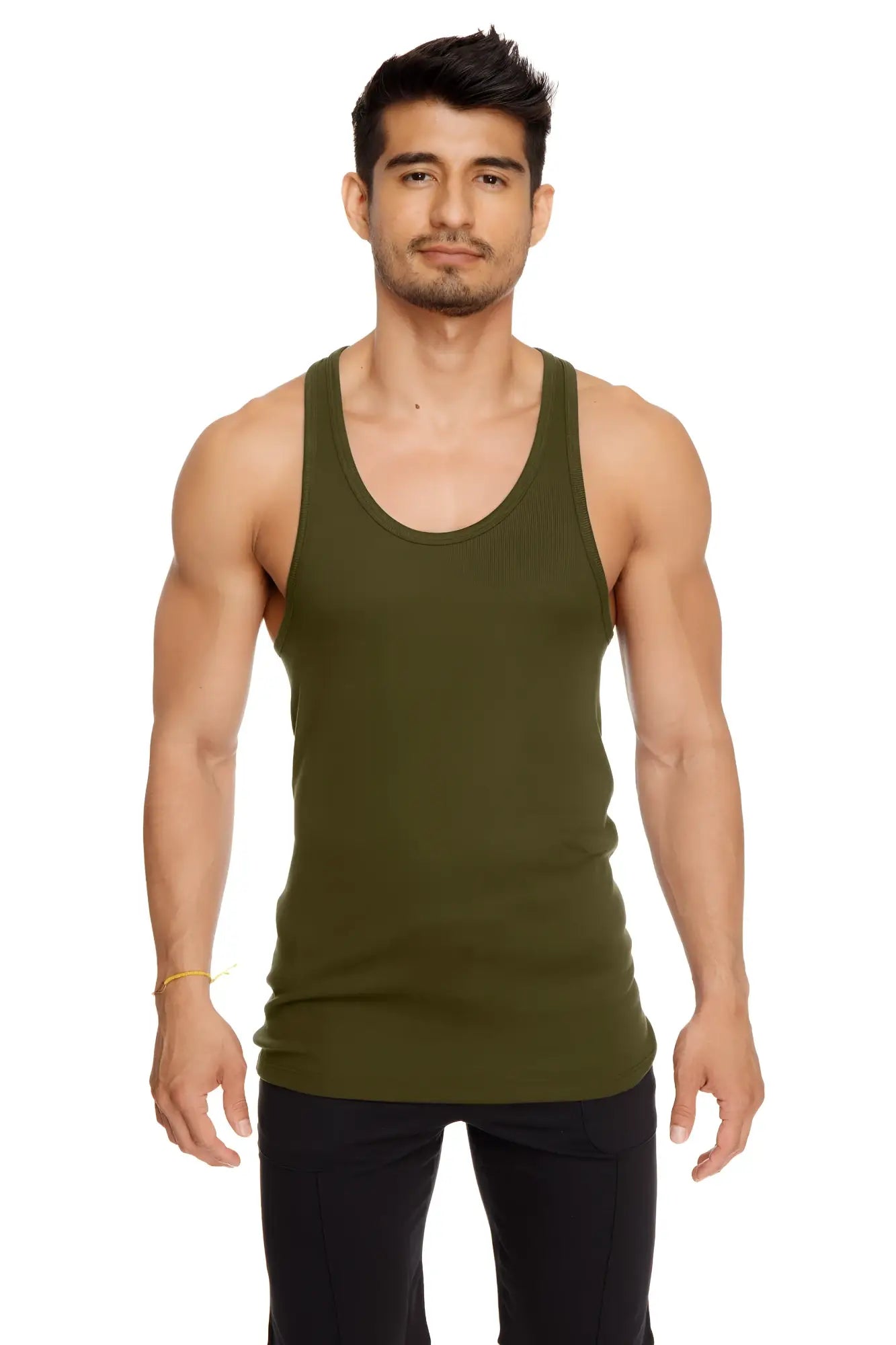 Olive green racer-back yoga tank with a simple fitted design perfect for workouts and casual wear