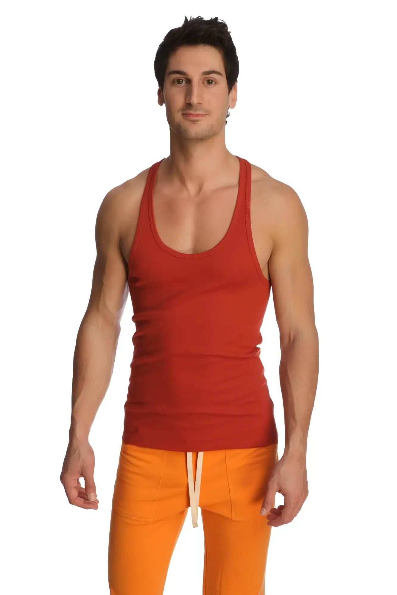 Red ribbed racer-back yoga tank cinnabar with scoop neckline and straight hem for activewear