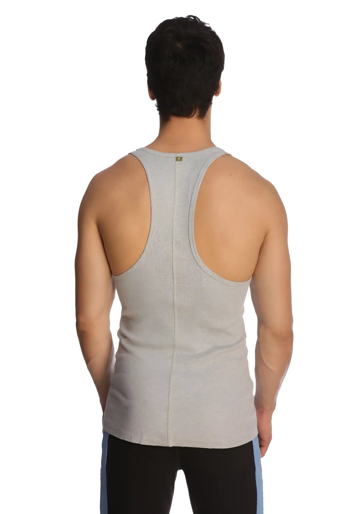 Back view of gray heathered racer-back yoga tank top with central seam designed for activewear comfort