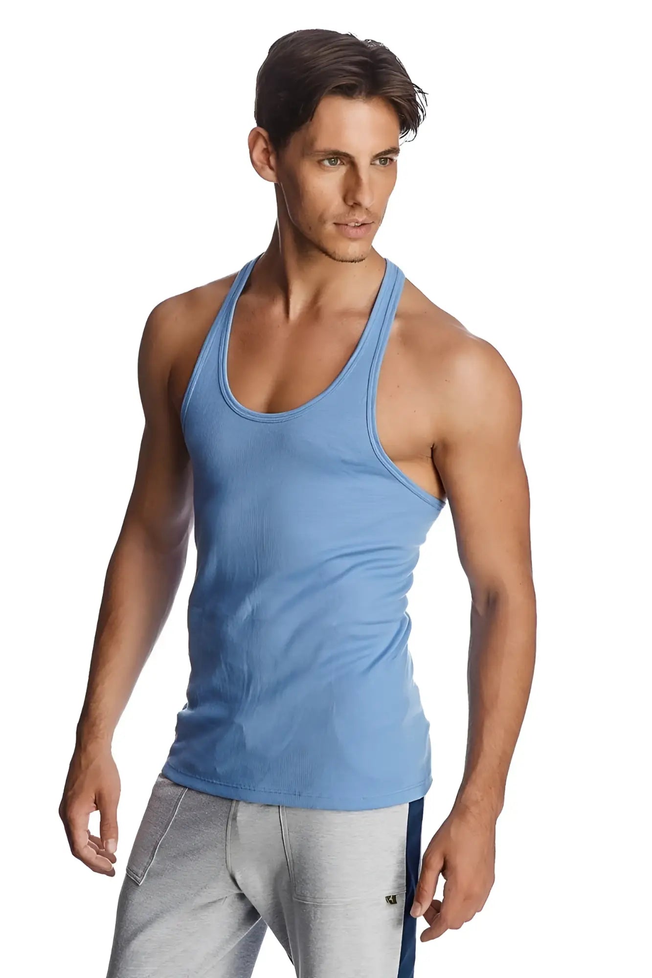 Light blue ribbed cotton racer-back yoga tank top showing back side with comfortable racerback design