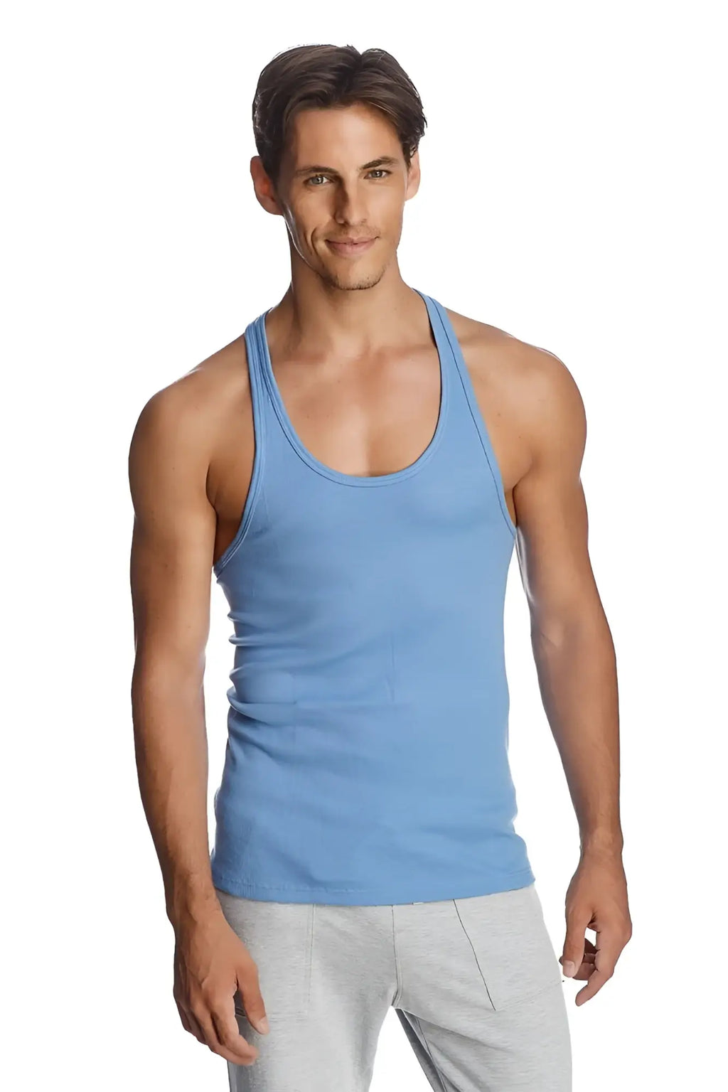 Light blue ribbed cotton racer-back yoga tank with classic scoop neckline and thin shoulder straps