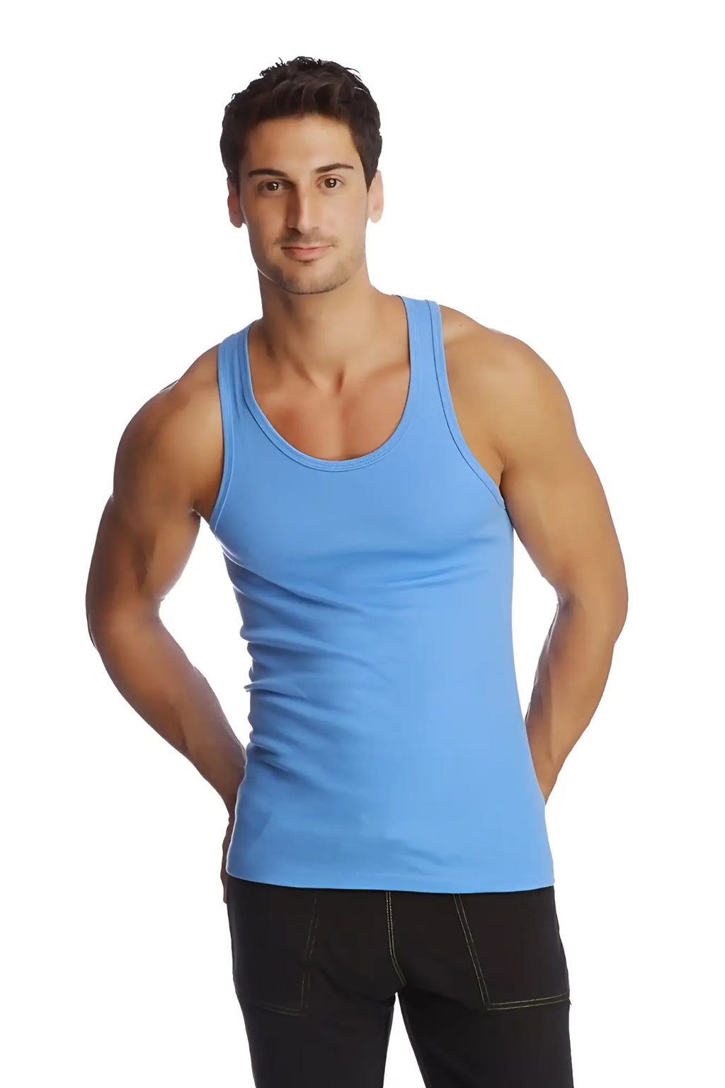 A light blue sleeveless racer-back yoga tank top with a rounded neckline and simple design for comfortable workouts