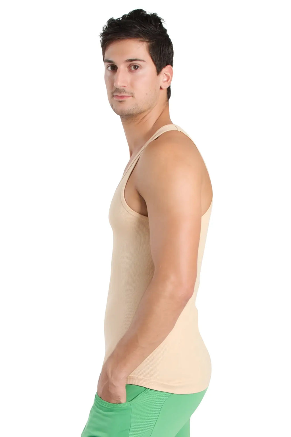 Beige racer-back yoga tank with fitted cut and thin straps designed for comfortable activewear use
