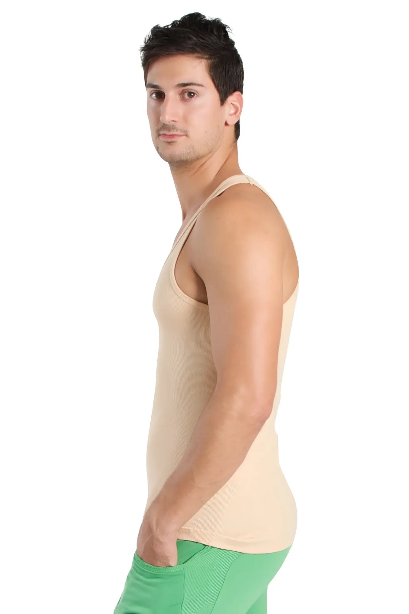 Beige racer-back yoga tank with fitted cut and thin straps designed for comfortable activewear use