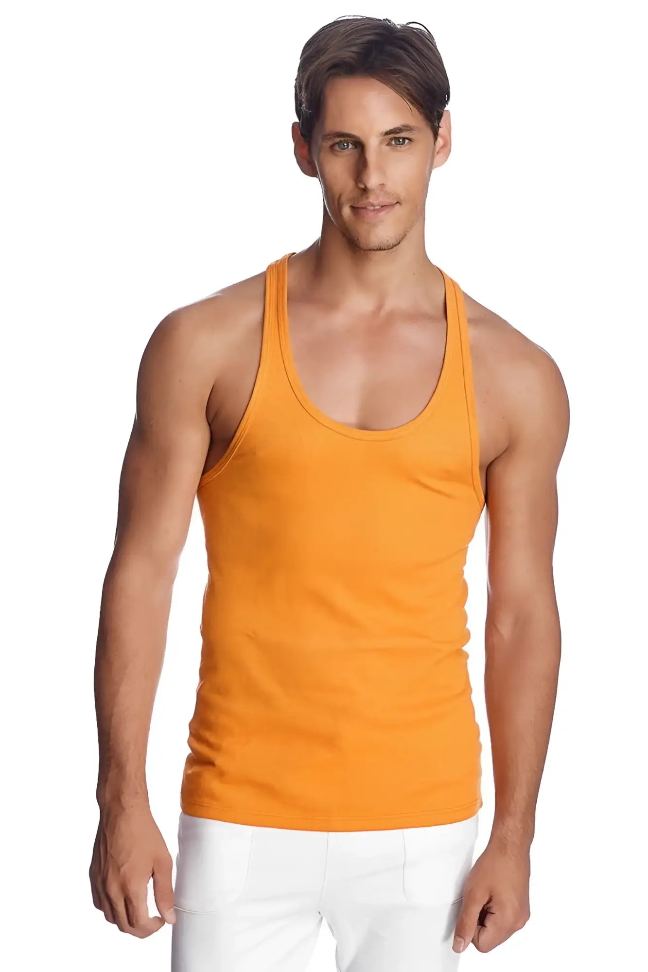 Orange ribbed racer-back yoga tank top made from breathable fabric for comfortable workout wear