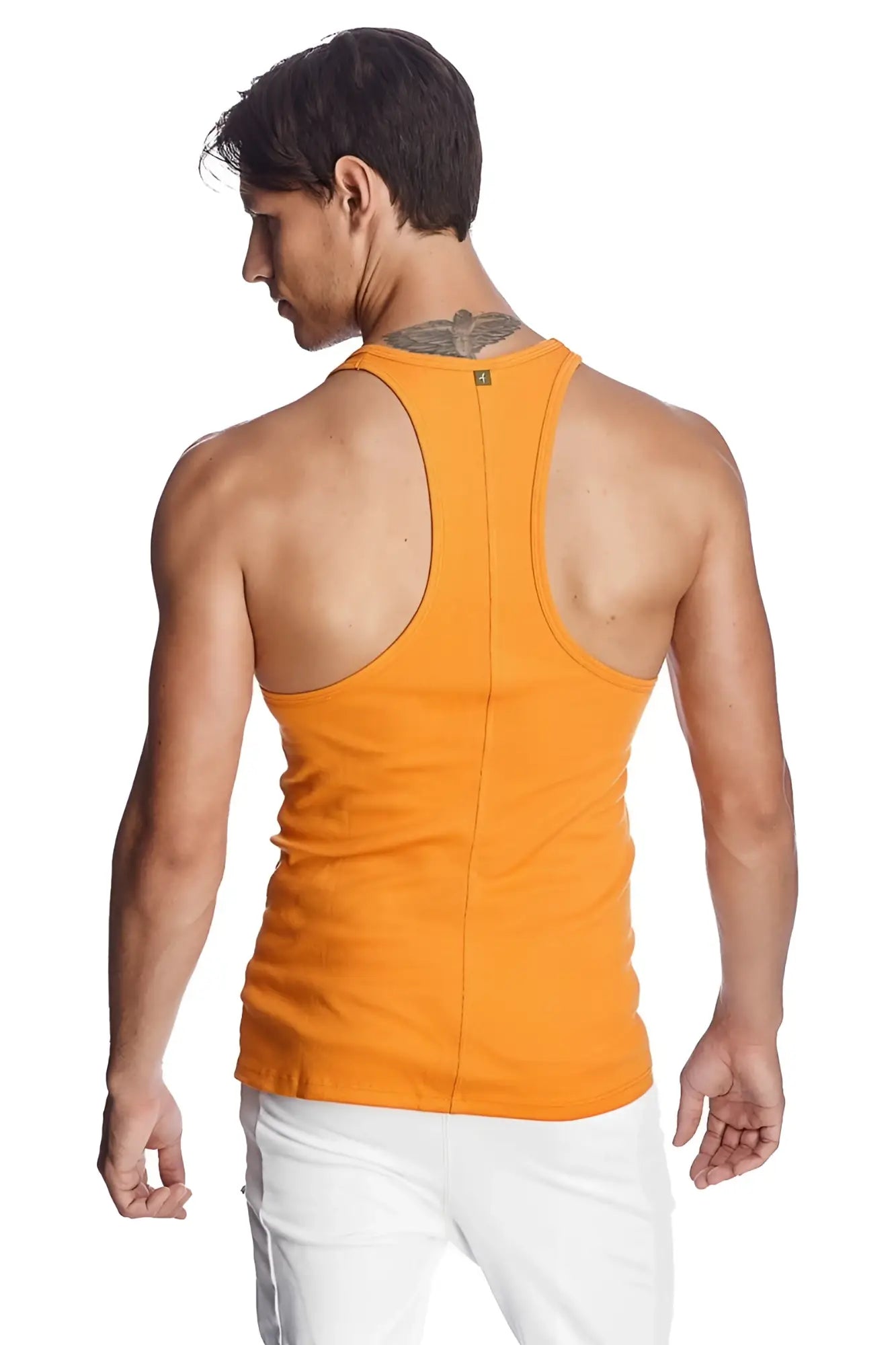 Orange ribbed racerback yoga tank top made of breathable fabric shown from the back for active wear