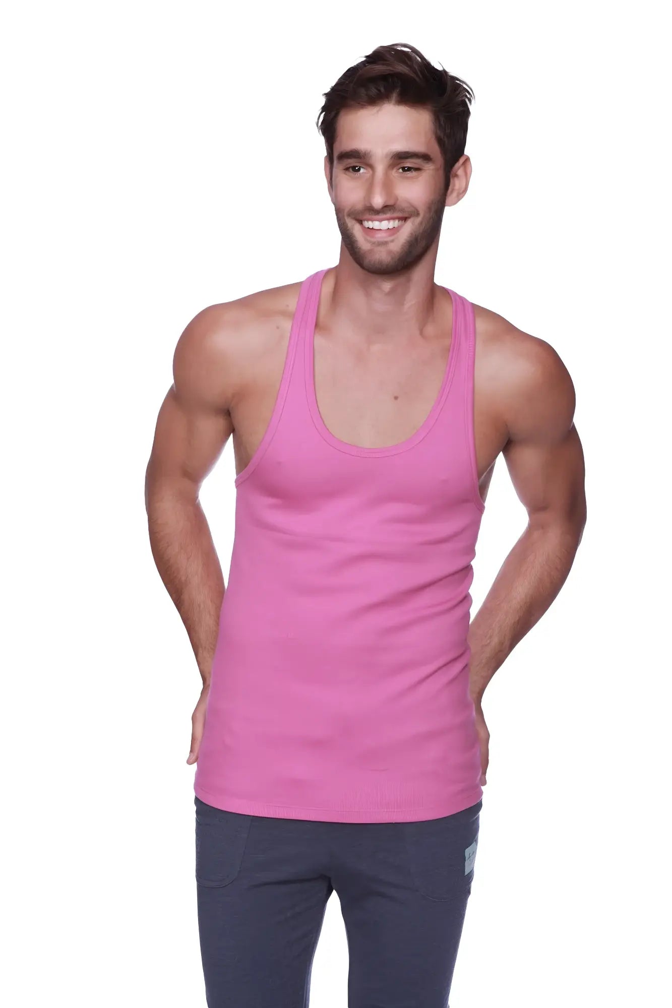 A vibrant berry racerback yoga tank top with a classic scoop neckline and soft sleeveless fabric