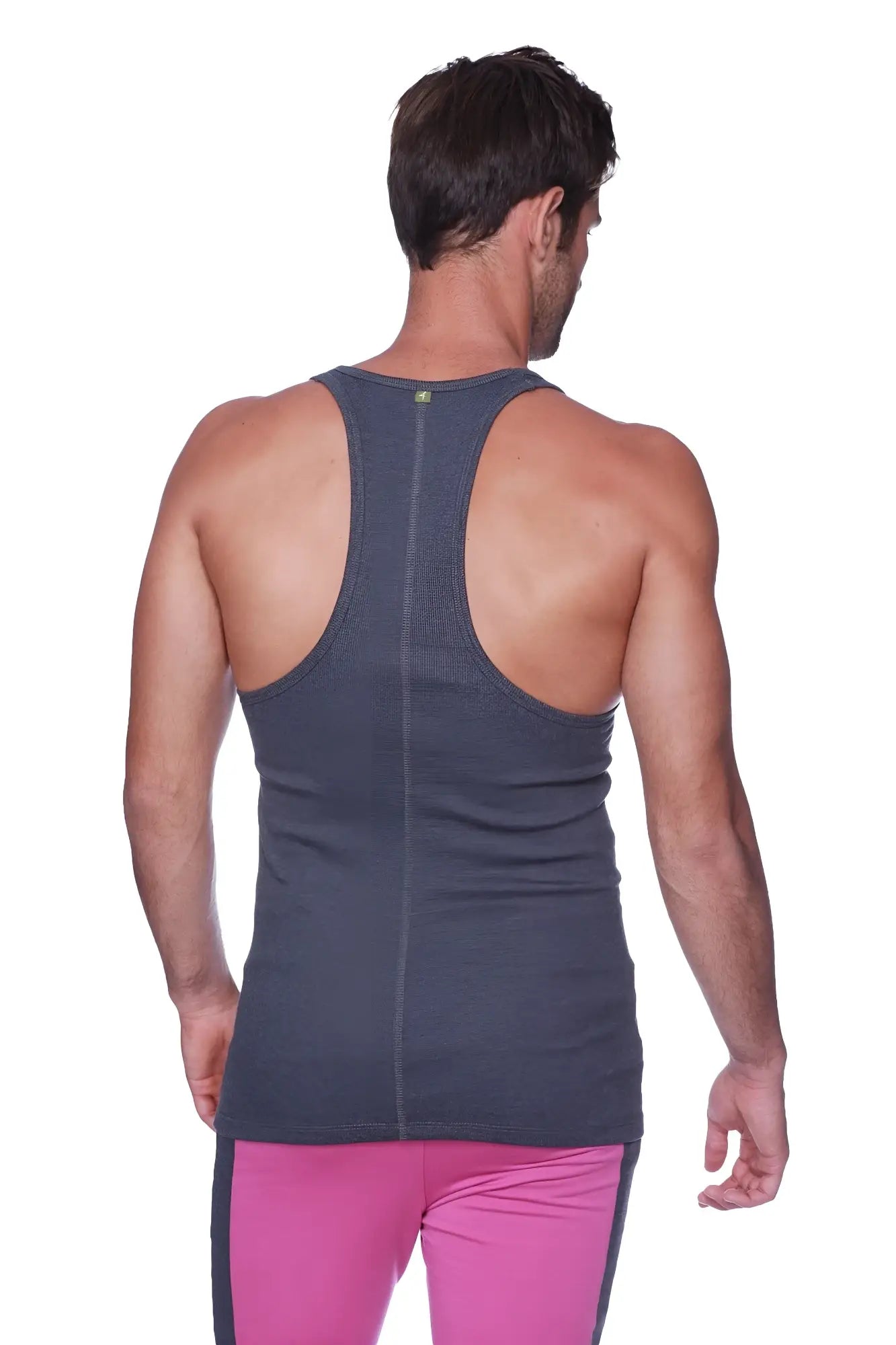 Dark gray textured racerback yoga tank top in charcoal with subtle vertical seam down the center back