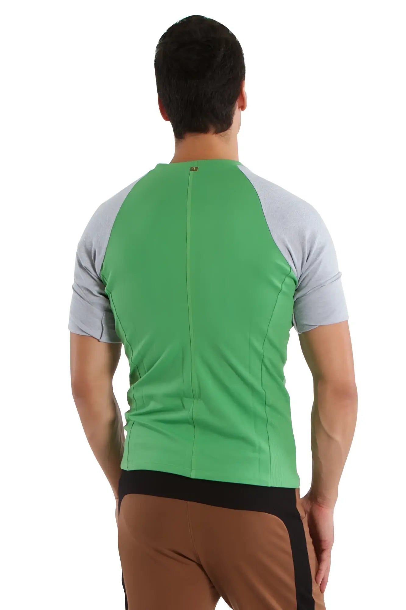 Green and gray raglan-sleeved athletic bamboo shirt with black waistband for active wear