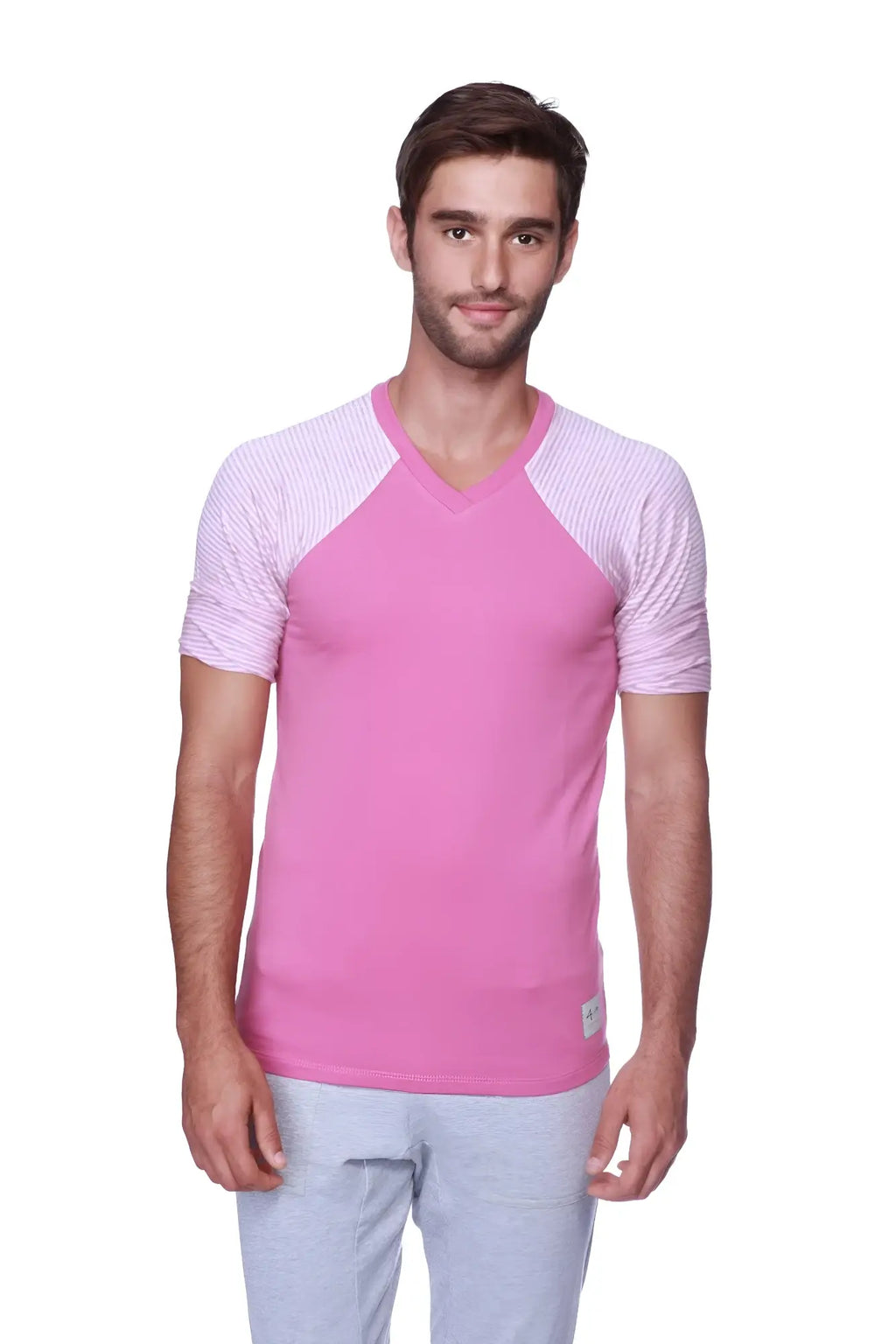 Pink v-neck t-shirt with pink and grey striped raglan sleeves in soft fabric for casual wear
