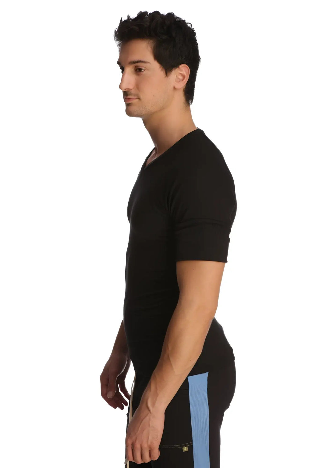 Black short-sleeved v-neck raglan virtual crew neck shirt with sleek form-fitting design ideal for casual wear