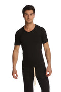 Black raglan virtual crew neck short-sleeved t-shirt with v-neck made from soft cotton for casual wear