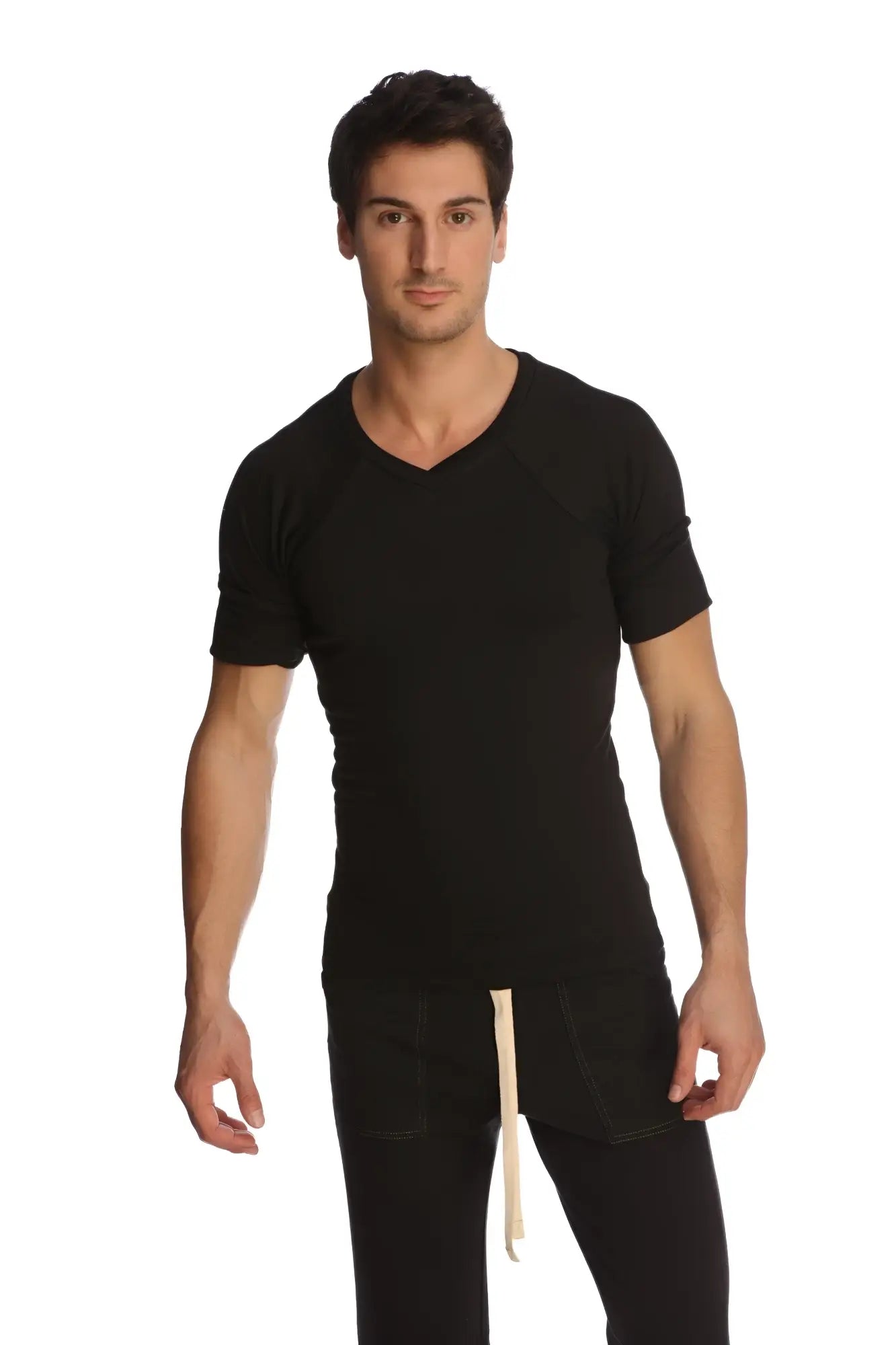 Black raglan virtual crew neck short-sleeved t-shirt with v-neck made from soft cotton for casual wear