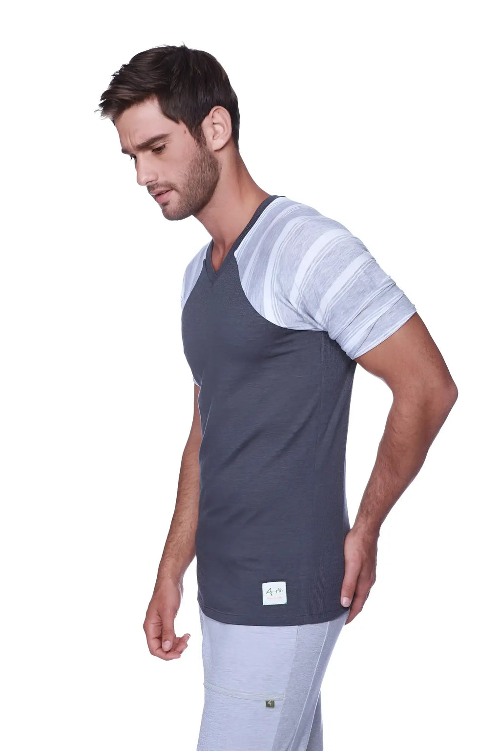Men’s dark gray raglan virtual crew neck short-sleeve t-shirt with light gray and white stripes and v-neck design