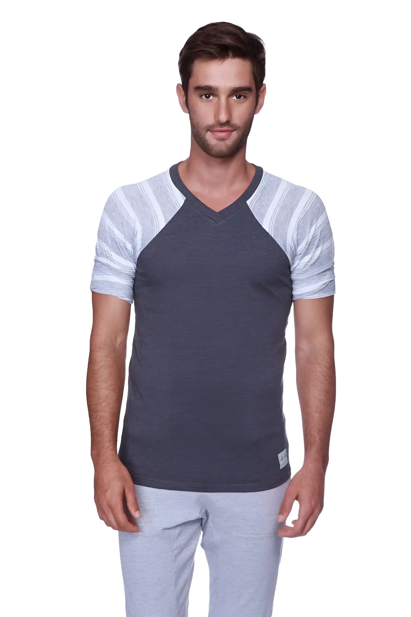 Men’s dark gray v-neck raglan t-shirt with light gray and white striped sleeves in charcoal fabric