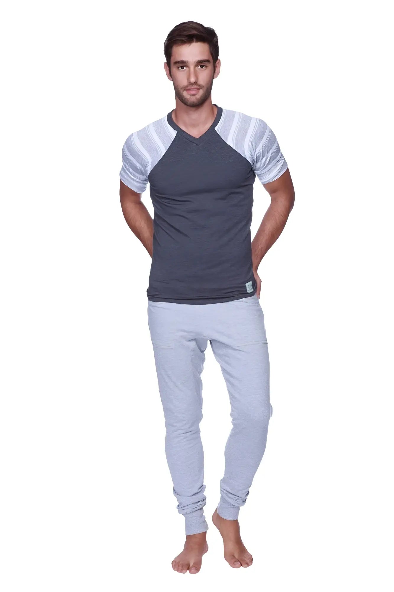 Men’s raglan virtual crew neck t-shirt in charcoal with grey and white stripes featuring a v-neckline