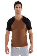 Brown and black raglan sleeve v-neck t-shirt made of soft fabric perfect for casual wear