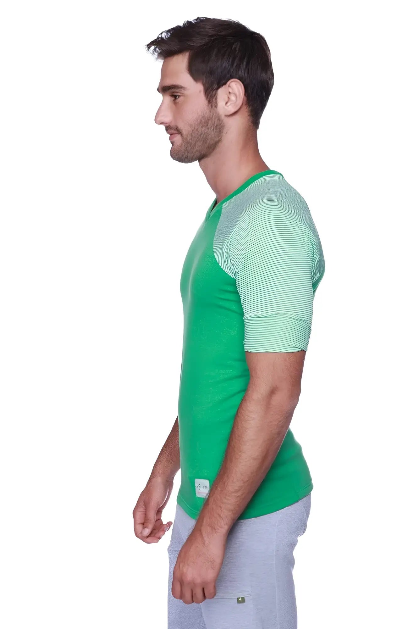Green raglan virtual crew neck t-shirt with light green and white striped baseball-style sleeves for casual wear