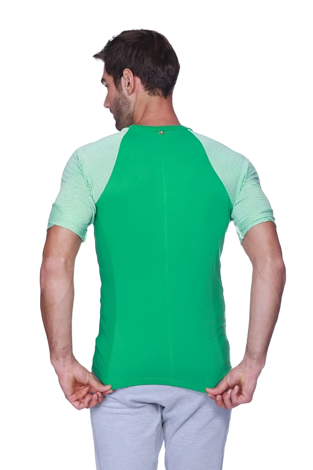 Green and light green striped raglan sleeve t-shirt with crew neck perfect for casual wear