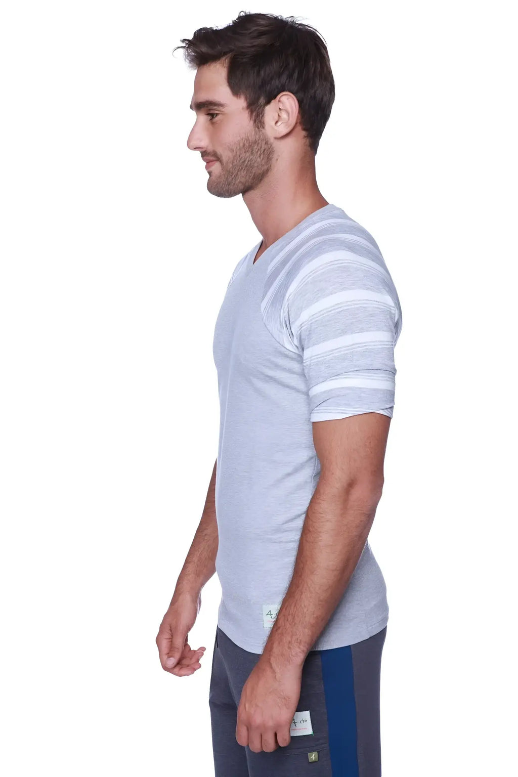 Light gray v-neck raglan virtual crew neck t-shirt with horizontal white stripes on sleeves for casual wear