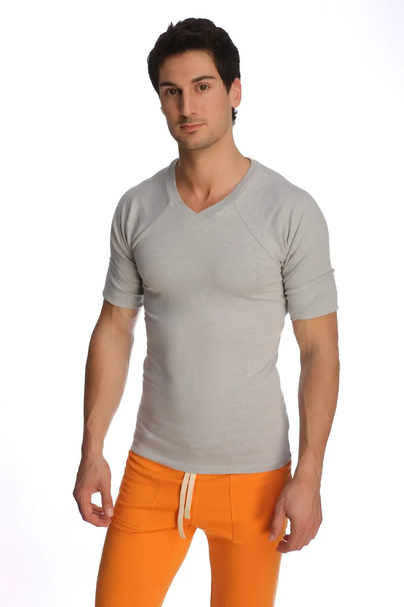 A slim-fit heather grey raglan virtual crew neck t-shirt with subtle ribbed short sleeves for casual wear