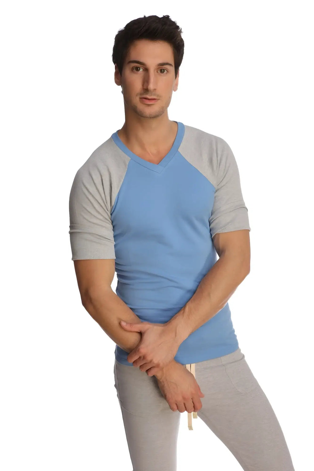 Light blue and gray raglan sleeve v neck t-shirt made of soft cotton blend for casual wear