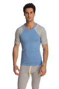 Light blue and gray raglan sleeve v neck t shirt made of soft fabric for casual wear in raglan virtual crew neck style