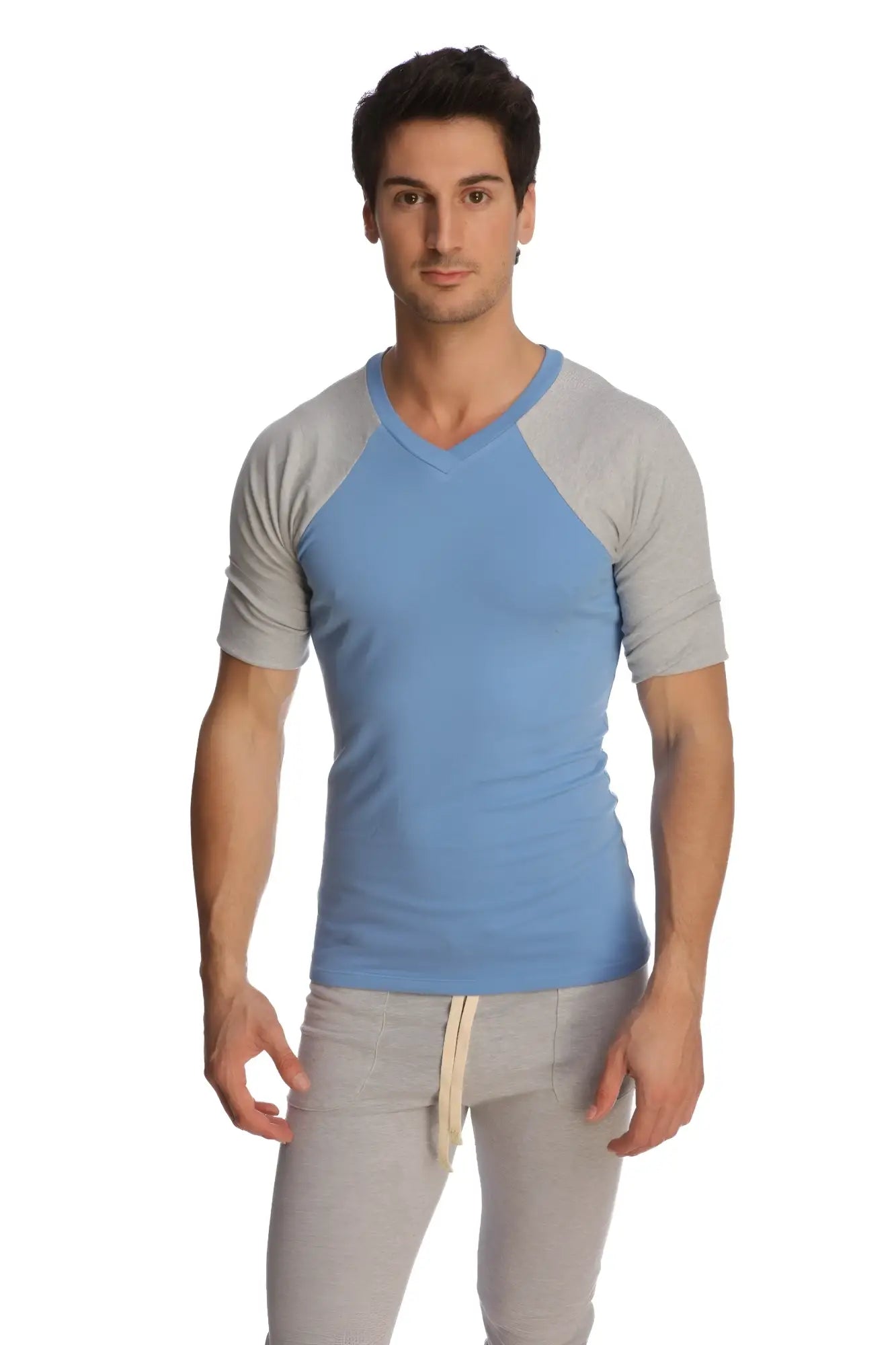 Light blue and gray raglan sleeve v neck t shirt made of soft fabric for casual wear in raglan virtual crew neck style
