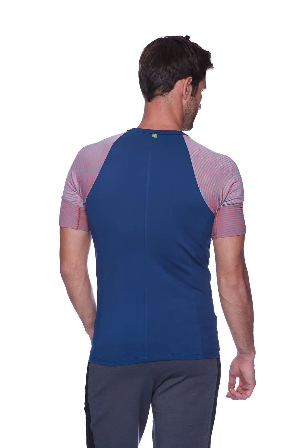 Blue and pink raglan virtual crew neck short sleeve shirt with ribbed raglan sleeves and performance fabric