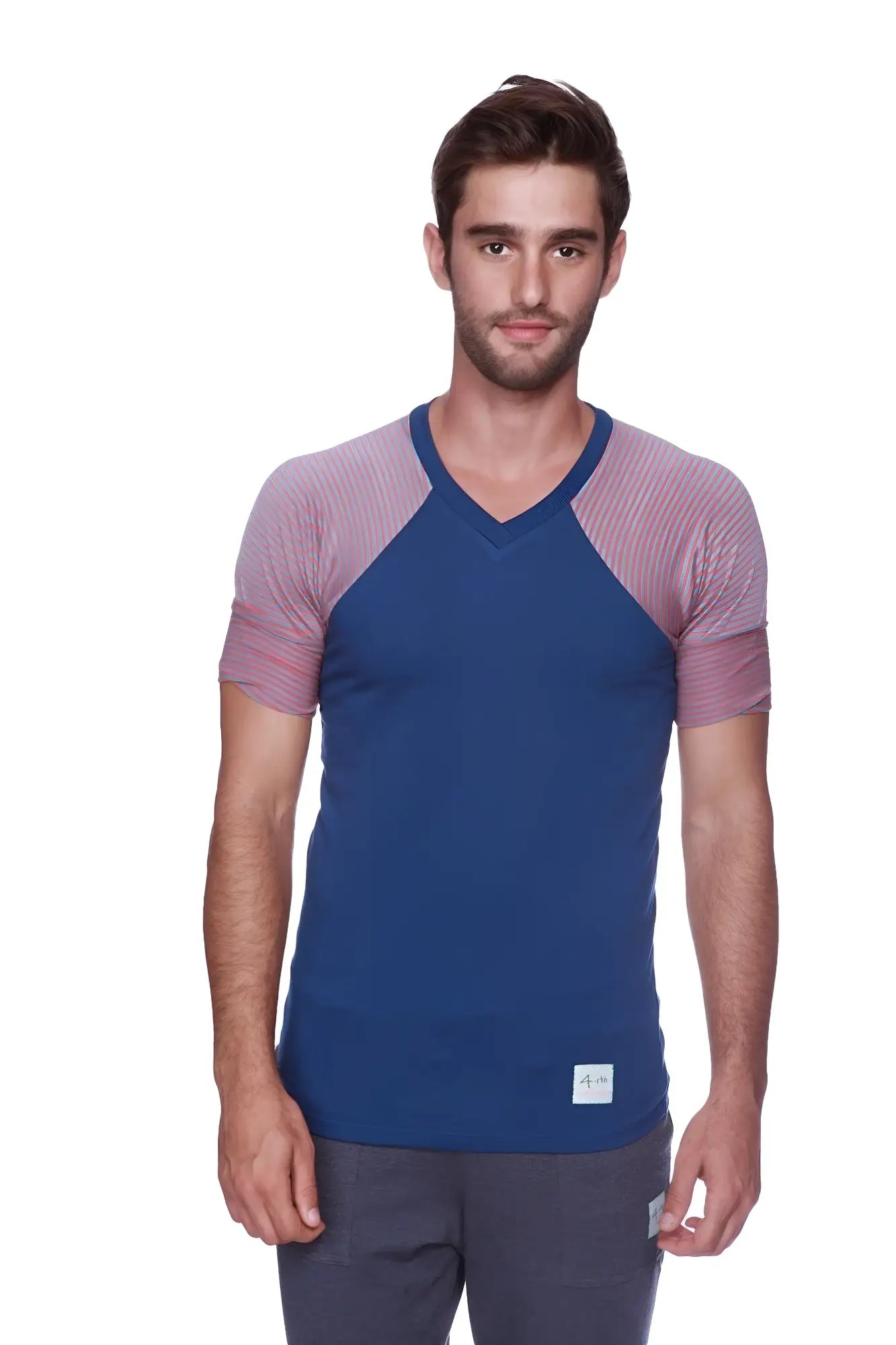 Royal blue raglan virtual crew neck t-shirt with red and grey striped v-neck and textured blue and pink sleeves